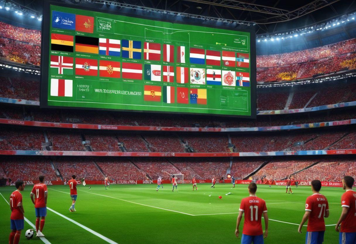 A dynamic scene showcasing a diverse group of soccer fans passionately discussing strategies around a large digital screen displaying soccer analytics and game highlights. Include elements like flags representing different countries, soccer balls scattered around, and a dramatic stadium backdrop. Emphasize engagement and excitement in their expressions as they analyze plays. vibrant colors. super-realistic.