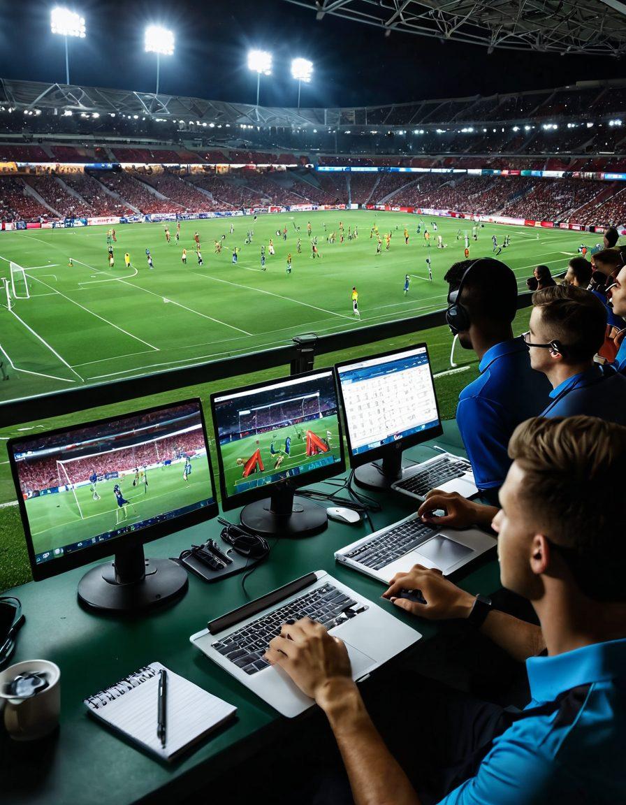 A dynamic football match scene capturing a diverse group of reporters passionately analyzing the game. Highlight laptops, cameras, and notepads cluttered with tactical notes, while vibrant stadium lights illuminate the players in action on the field. Include a backdrop of an excited crowd cheering, blending the essence of reporting with the thrill of live football. super-realistic. vibrant colors. energetic atmosphere.