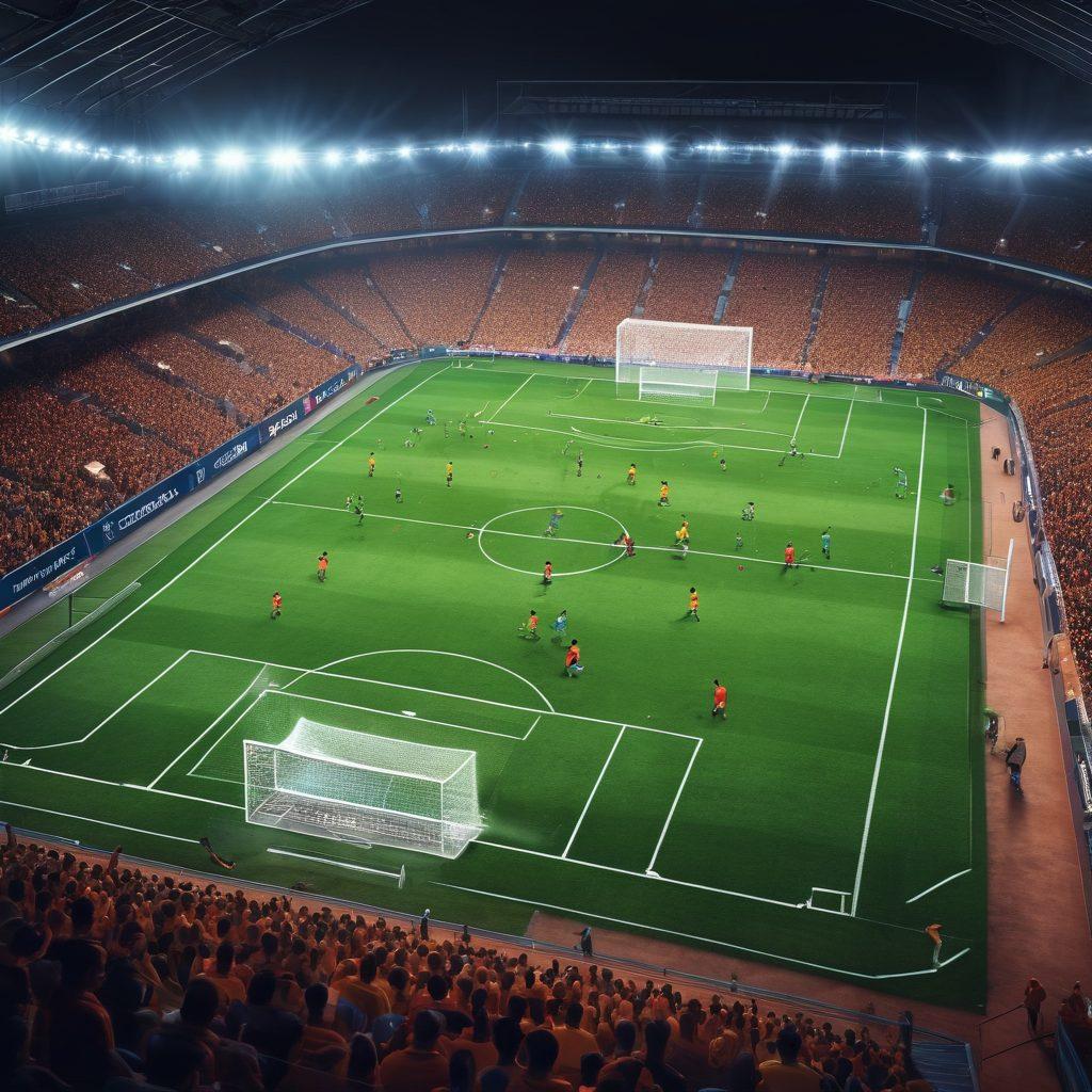 A dynamic scene of a football pitch under bright stadium lights, showcasing players in action, with a tactical board displaying strategic plays in the foreground. Include enthusiastic fans cheering in the background, with vibrant colors that highlight the energy of the game. The image should evoke the thrill of competition and the depth of analysis. super-realistic. vibrant colors. 3D.